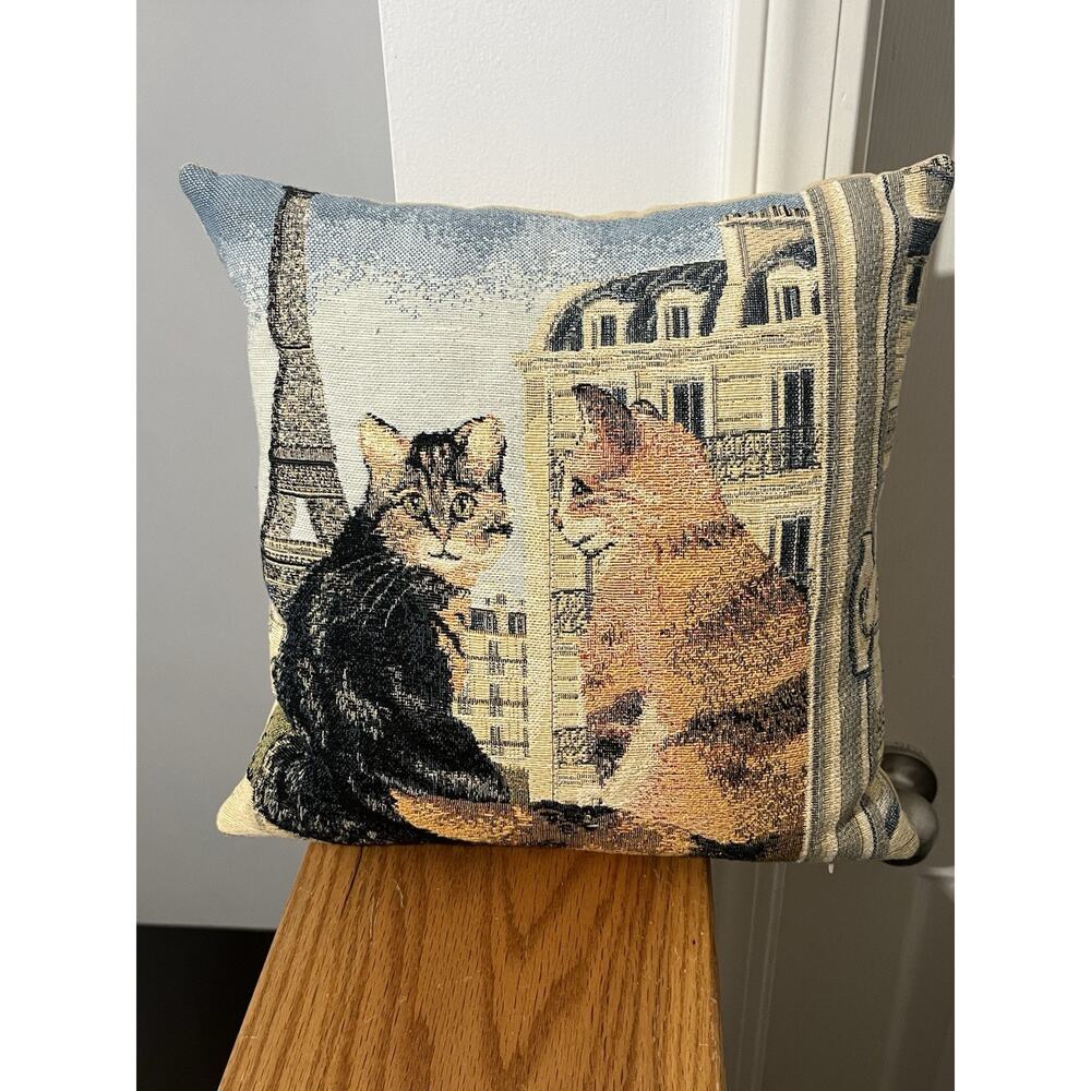 Vtg Metrax Craye Group Flemish Tapestry Cat Pillow 12x12